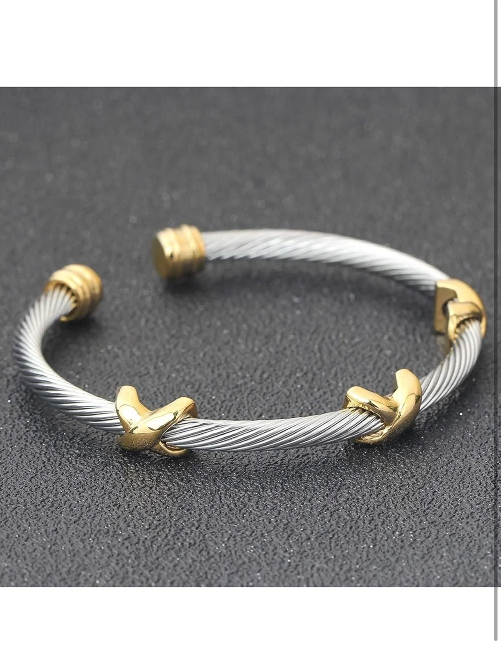 Two-Tone Twisted Cable Open Cuff Bracelet - Silver & Gold - Picture 5 of 6